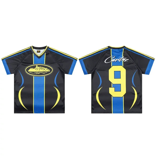 Corteiz Soccer Jersey T-Shirt - Black/Blue/Yellow Hover Image
