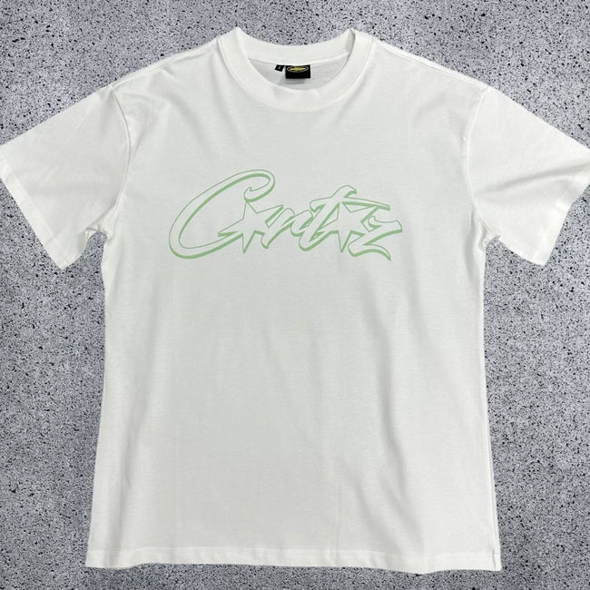 Mint Green Accent Star-Logo Graphic Tee - White & Green Streetwear T-Shirt Hover Image