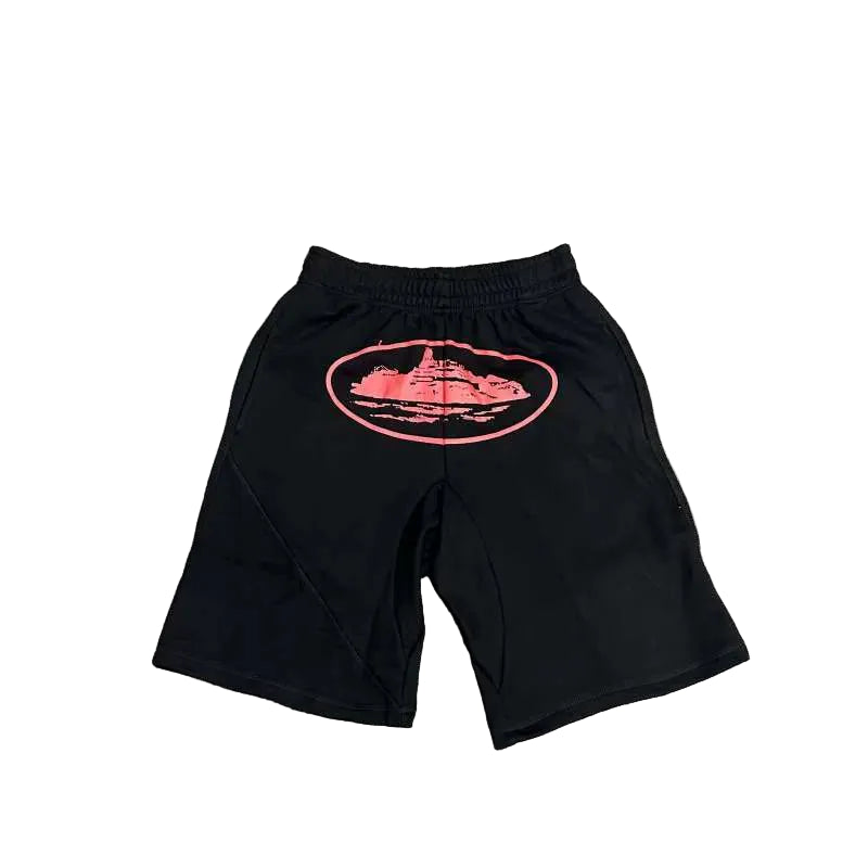Corteiz Alcatraz Island Graphic Heavyweight Shorts Black/Red