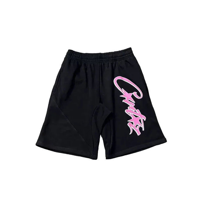 Corteiz Signature Script Logo Heavyweight Shorts - Pink Print black Hover Image
