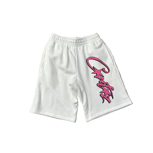 Corteiz Signature Script Logo Heavyweight Shorts - Pink Print white Hover Image