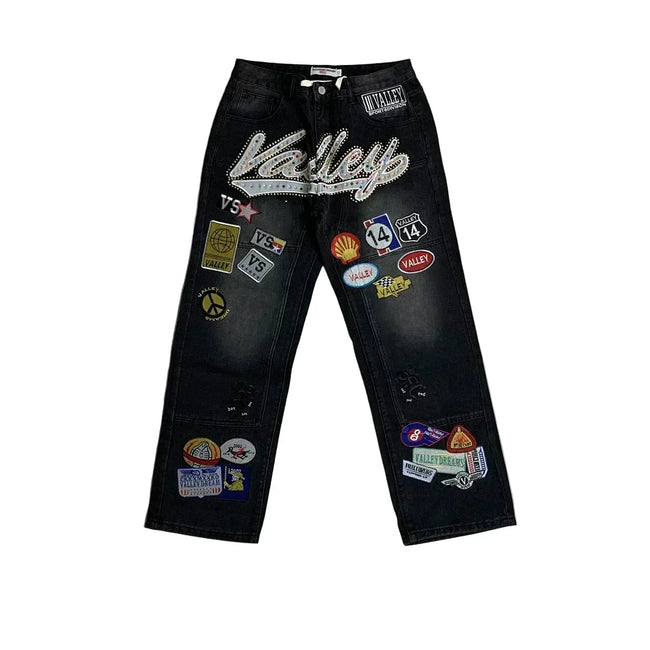 Vale Forever Rhinestone Patchwork Oversized Black Denim Jeans Hover Image